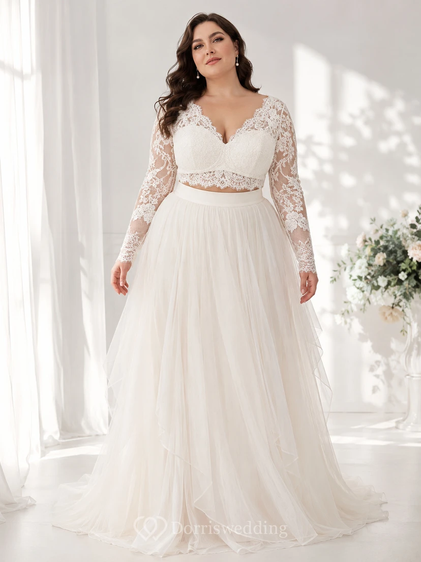 Plus Size Long Sleeve Lace Top Tulle Studio Bridal Set