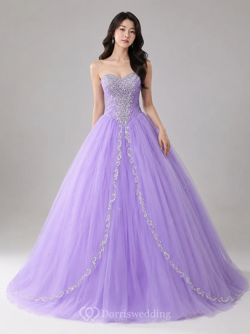 Ball Gown Long Sweetheart Sleeveless Bell Beading Appliques Lace-Up Back Tulle Lace Dress view 5