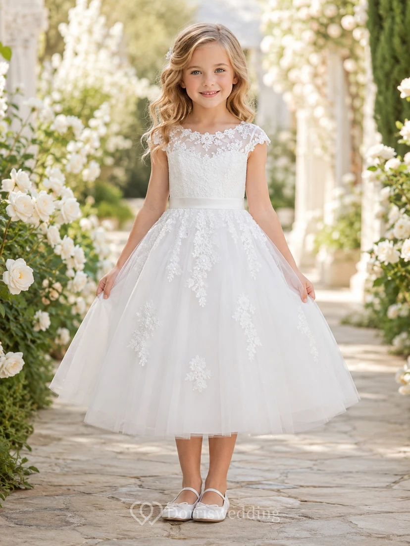 Flower Girl Dress White Lace Tulle A-Line Cap Sleeve Jewel Neck Tea Length