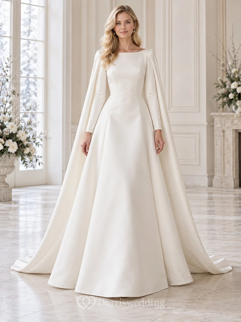 Simple Modest Long Sleeve Winter Bateau Neck Structured Cape A-line Wedding Dress