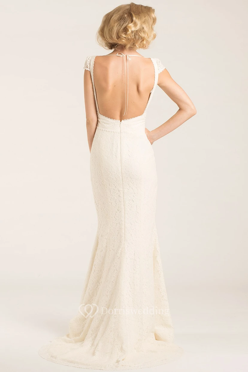 V-Neck Long Cap-Sleeve Lace Wedding Dress With Sweep Train And Backless view 2