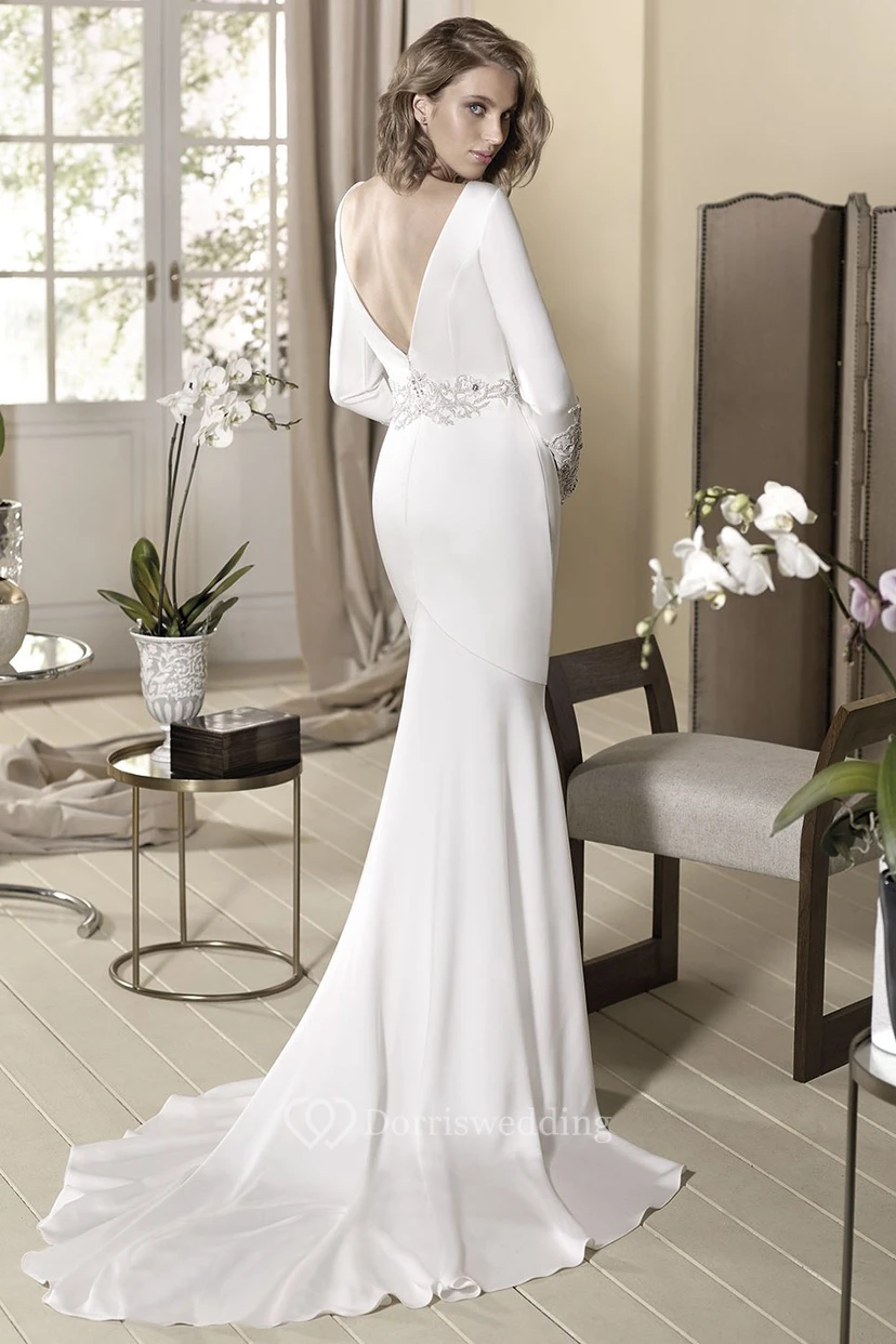 Sheath Beaded Long-Sleeve Floor-Length V-Neck Jersey Modest Wedding Dress view 2