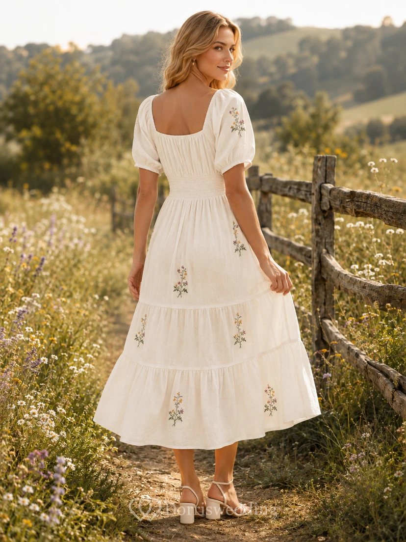 Vestido de campo Champetre vintage color marfil con estampado floral, escote cuadrado, mangas abullonadas y volantes. view 2