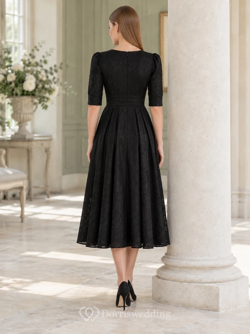 Modest Black V-Neck Elbow Sleeve Lace Pleated Midi Dress view 2