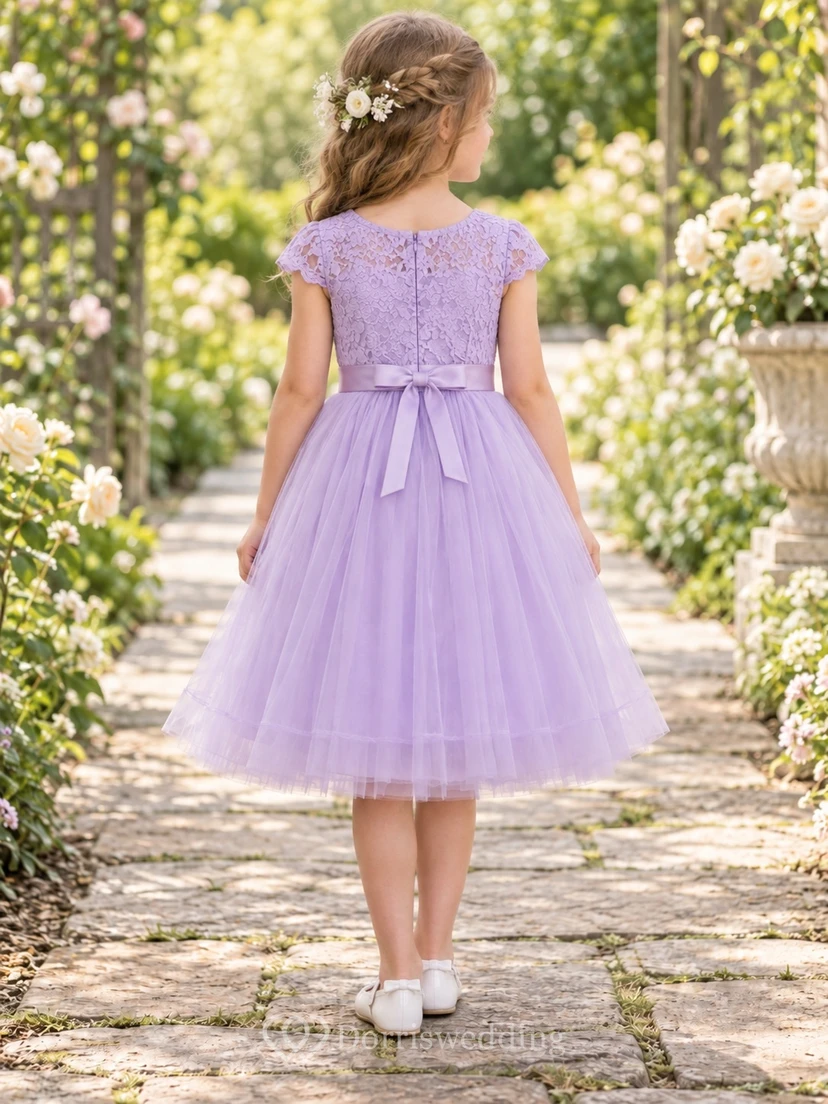 Lavender Cap Sleeve Floral Lace Tea-length A-Line Gathered Tulle Satin Waist Bow Flowergirl Dress view 2