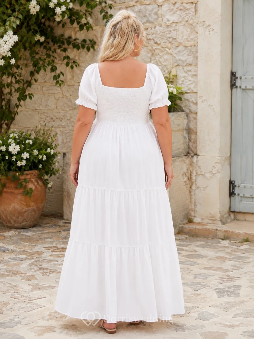 Figure Skimming White Chiffon Square Neck Short Sleeve A-Line Ankle Length Plus Size Dress view 2