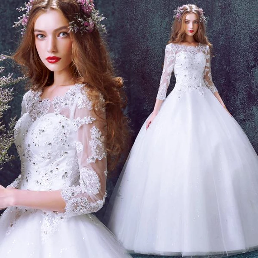 Romantic Tulle Lace Beadings Wedding Dress 3-4-Long Sleeve Princess view 2