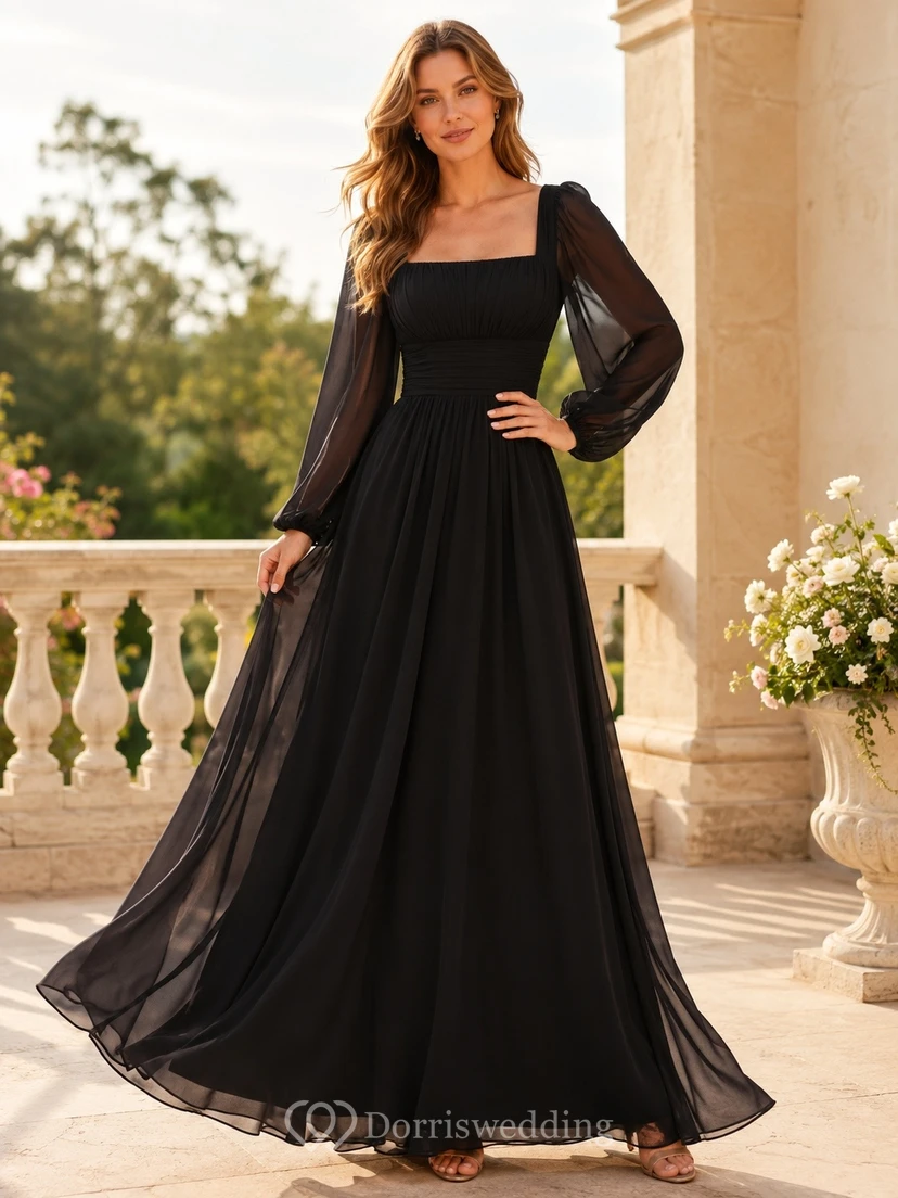 Vestido de noche largo de gasa negra con escote cuadrado y mangas fluidas