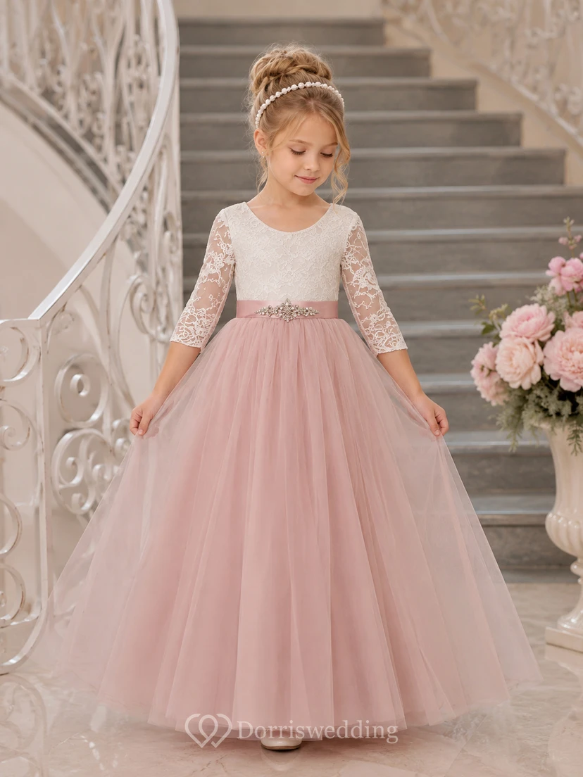 Blumenmädchenkleid aus rosafarbener Spitze und Tüll, A-Linie, lange Ärmel, Rundhalsausschnitt, Teelänge