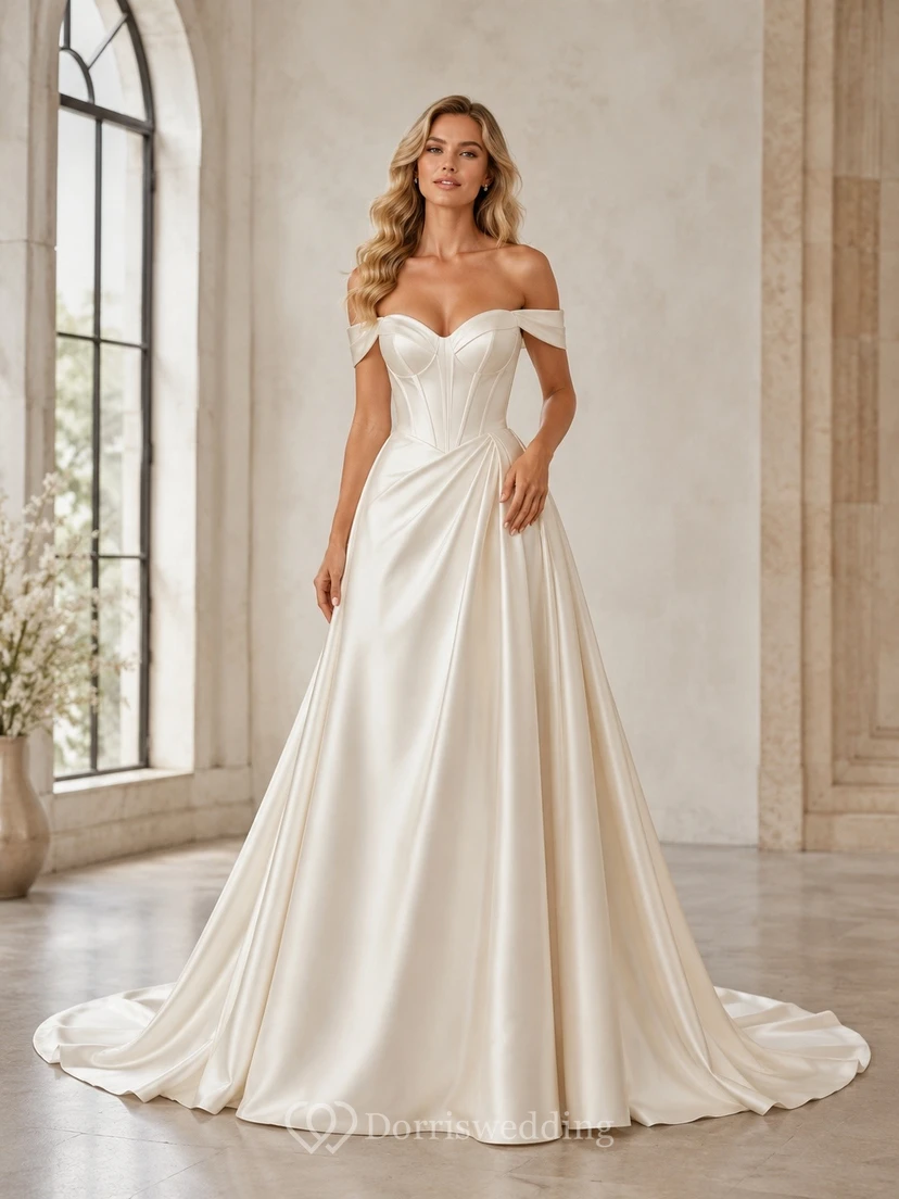 Vestido de novia formal, sencillo, romántico y elegante, con hombros descubiertos, edición B, corte en A.