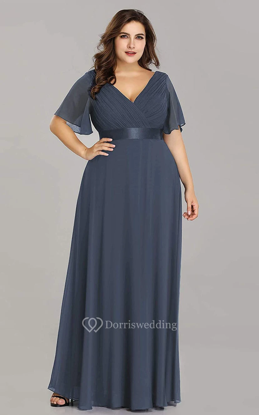 Romantic Chiffon V-neck Half Sleeve A Line Formal Dress With Criss Cross and Ruching view 6