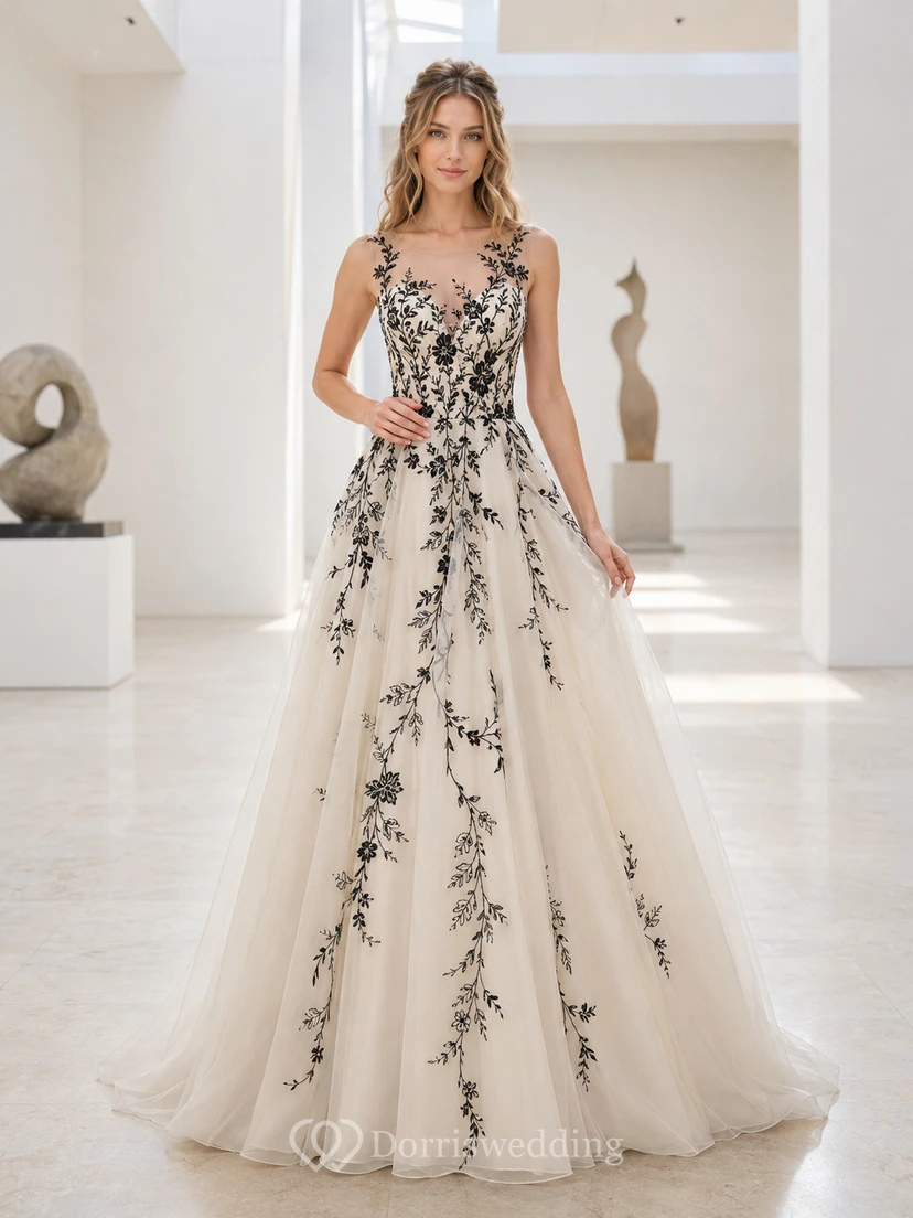 Schwarzes, ärmelloses, modernes A-Linien-Brautkleid mit Blumenstickerei