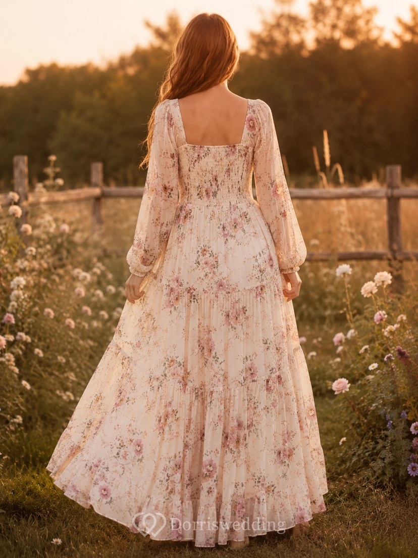 Kleid aus Chiffon im Boho-Stil mit bodenlangem A-Linien-Schnitt, eckigem Ausschnitt und Blumenmuster in Altrosa-Rosen-Rosen-Optik view 2