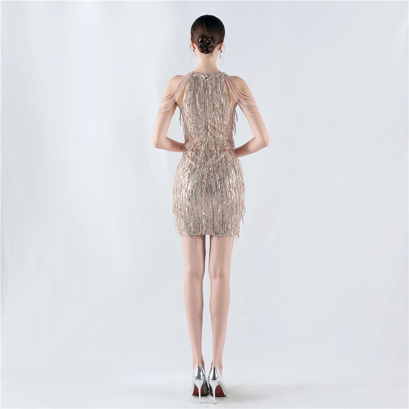 Tassel Sequined Halter Neck Beaded Sexy Hip-Wrapped Nightclub Short Dress view 6
