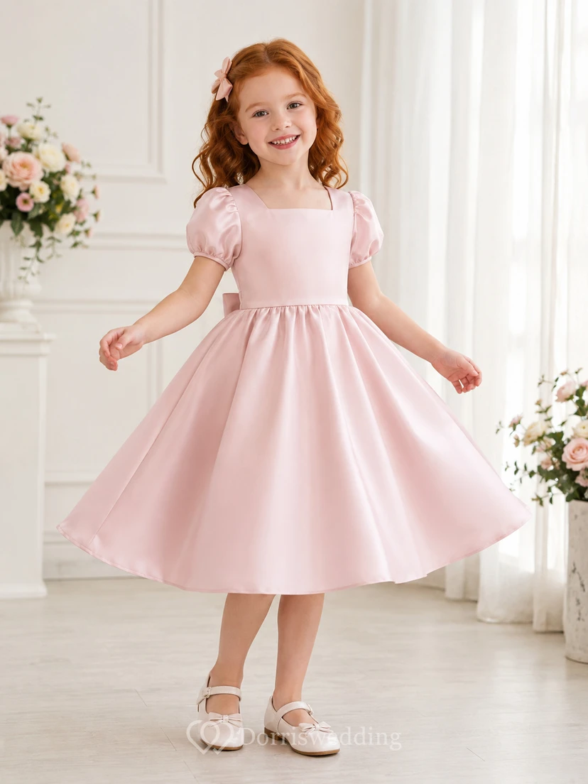 A-Line Flowergirl Satin Tea-Length Puff Sleeve Pink Minimalist Wedding Dress with Bow Back