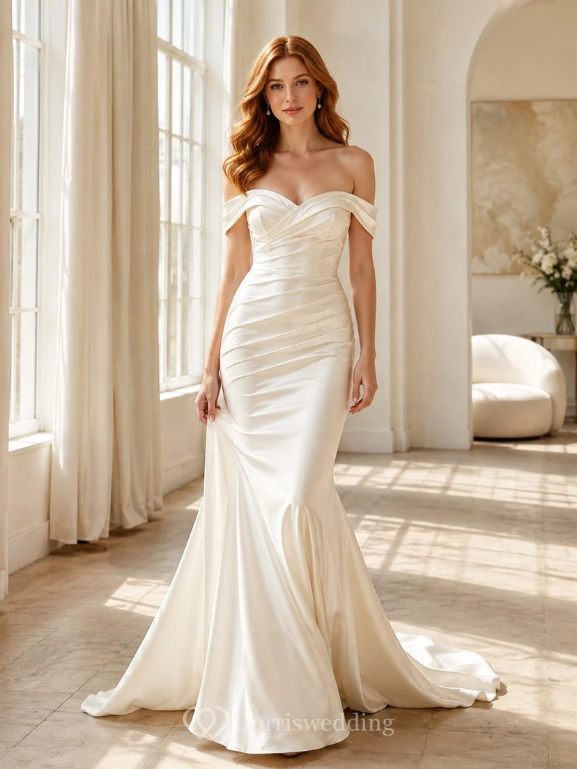 Satin Off-the-shoulder Ruched Floor-length Sweep Train Mermaid Bridal Gown