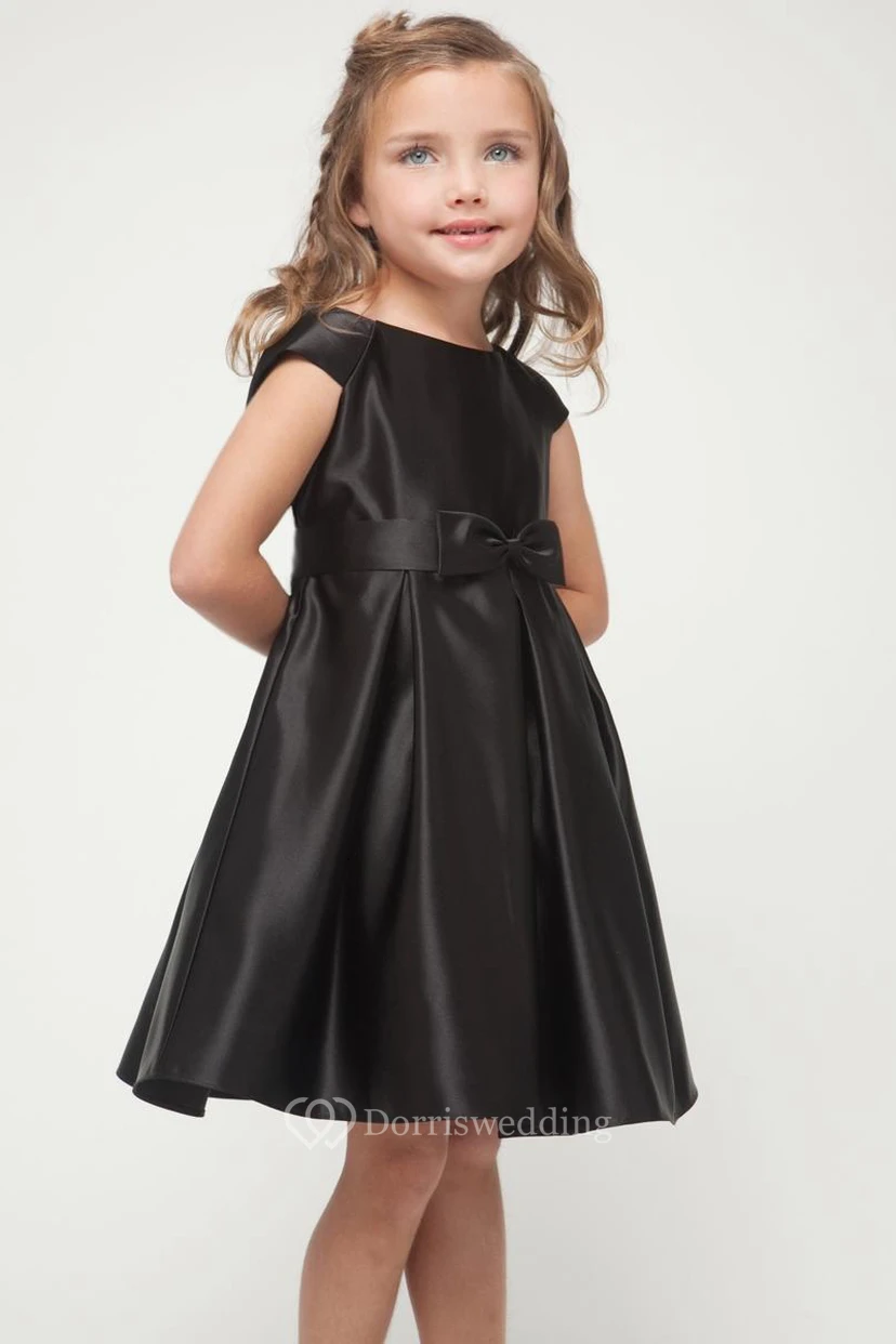 Knee-Length Cap-Sleeve Bowed Satin Flower Girl Dress