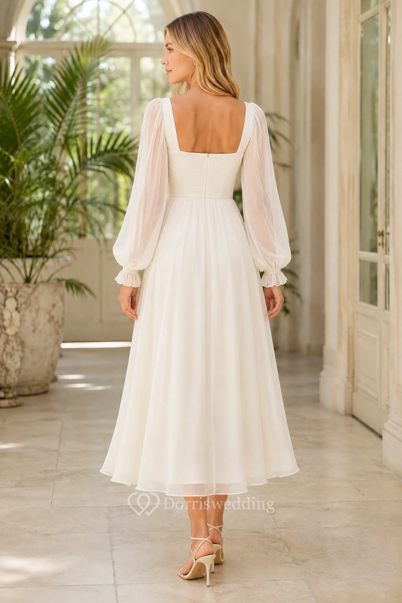 Ivory Long Sleeve Tulle Tea-Length Formal Dress view 2