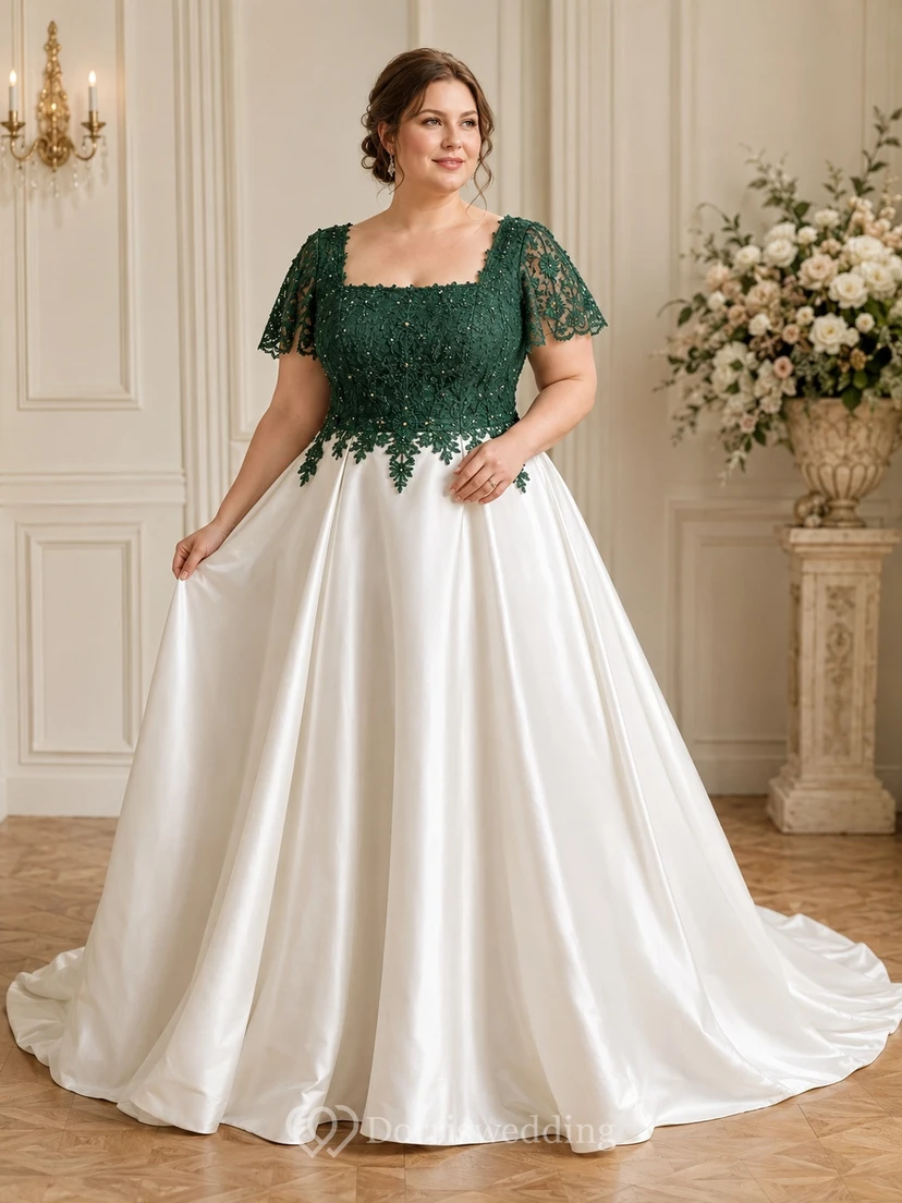 Emerald Lace Plus Size Bridal Ball Gown Square Short Sleeve Sweep Train Romantic Gown