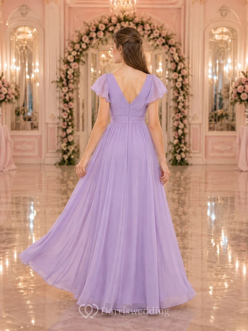 Lavendelfarbenes Brautjungfernkleid für junge Damen, A-Linie, V-Ausschnitt, kurze Blütenblattärmel, Falten-Detail, elegant view 2