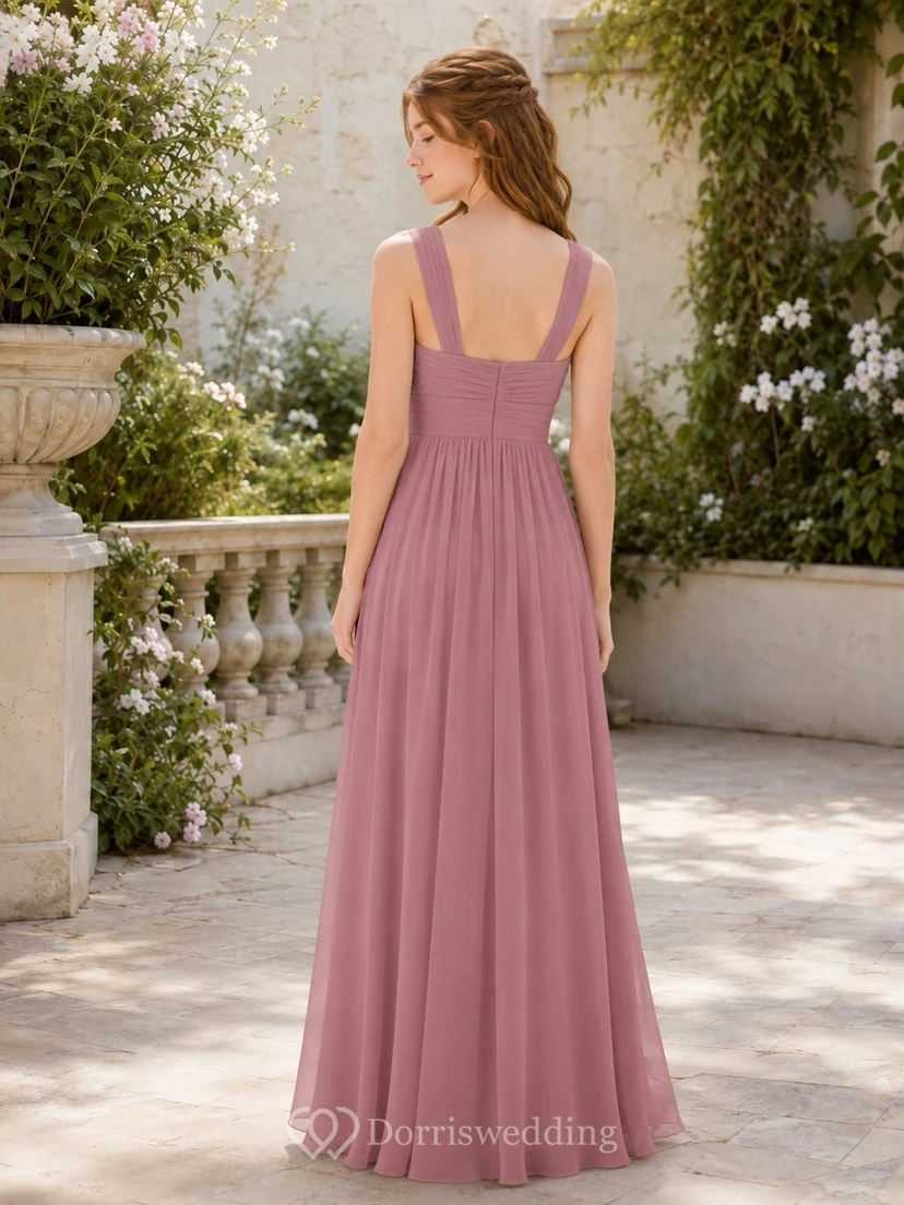 Vestido de dama de honor juvenil color rosa empolvado, corte en A, sin mangas. view 2