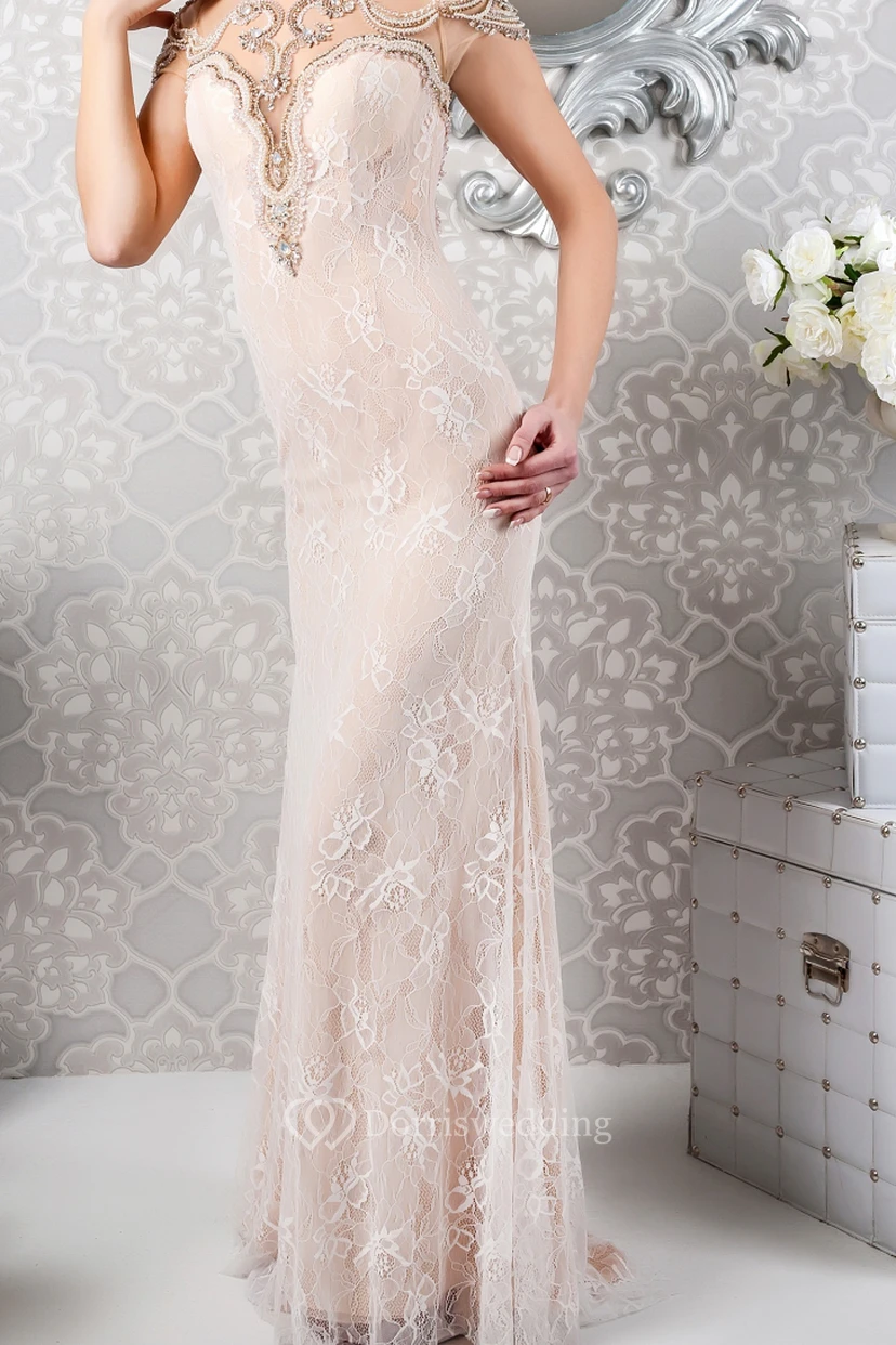 Sheath Scoop-Neck Beaded Long Sleeveless Lace Evening Dress view 4