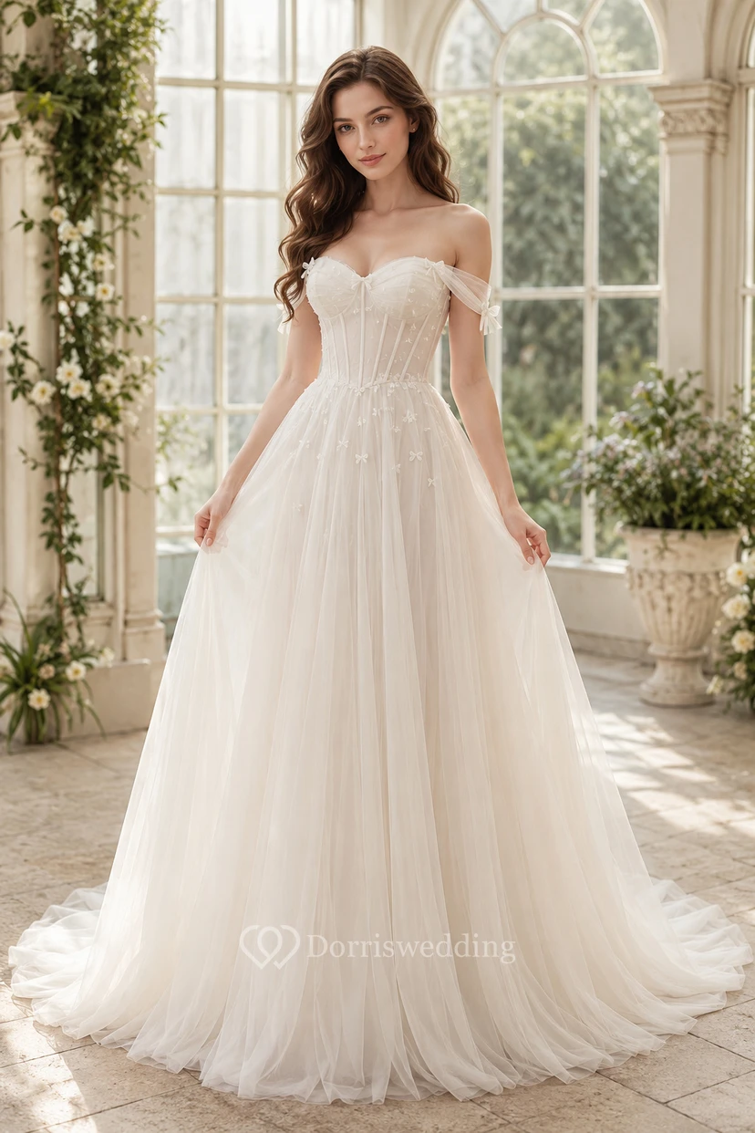 Off Shoulder Tulle A-Line Wedding Dress with Corset Bodice