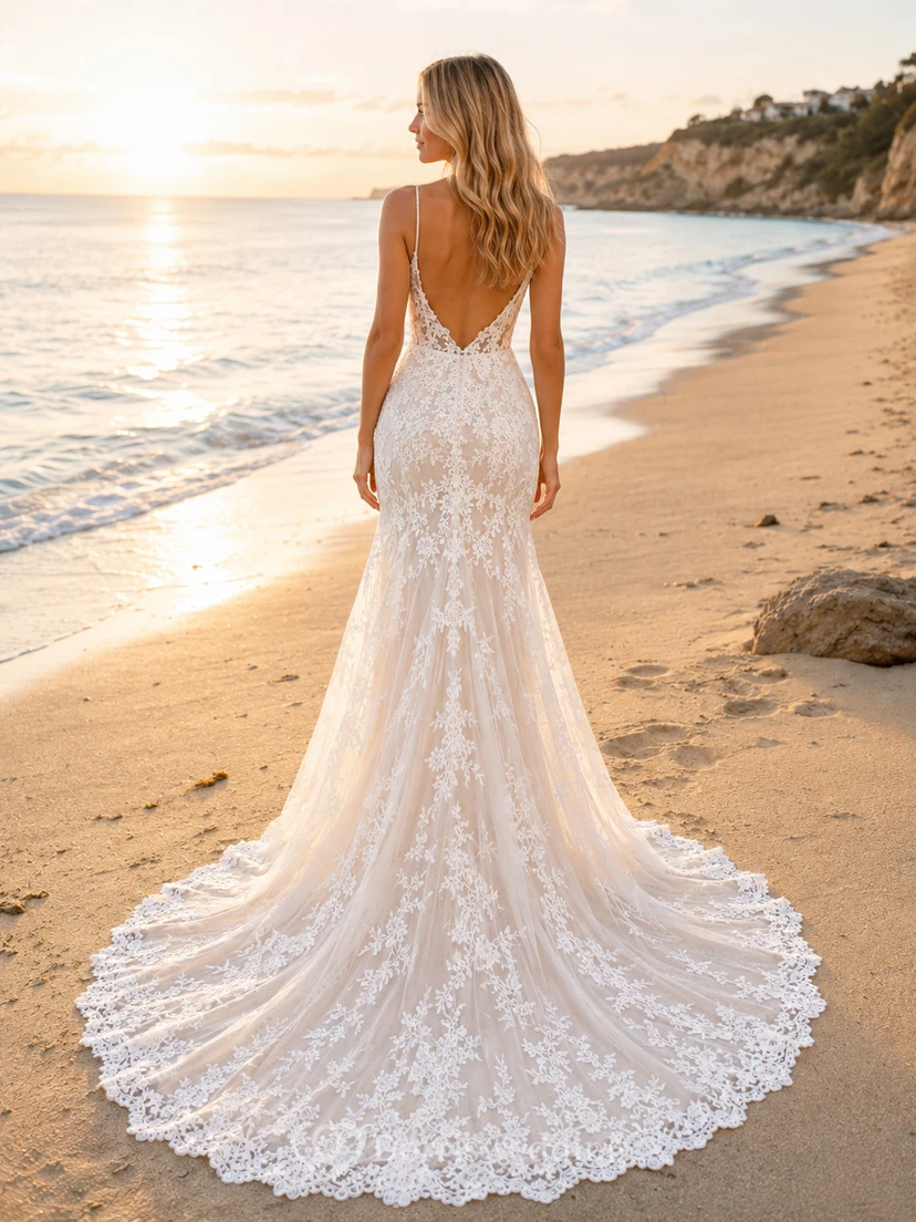 Boho-Brautkleid im Meerjungfrauen-Stil mit offenem Rücken und Spitze view 2