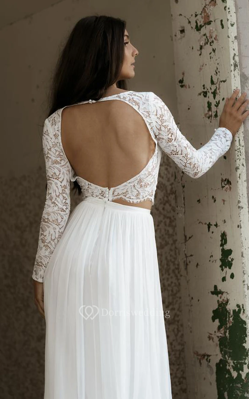 Zweiteiliges Brautkleid im Boho-Stil aus Chiffon und Spitze mit U-Boot-Ausschnitt, langen Ärmeln, Schleppe und Schlitz vorne view 2