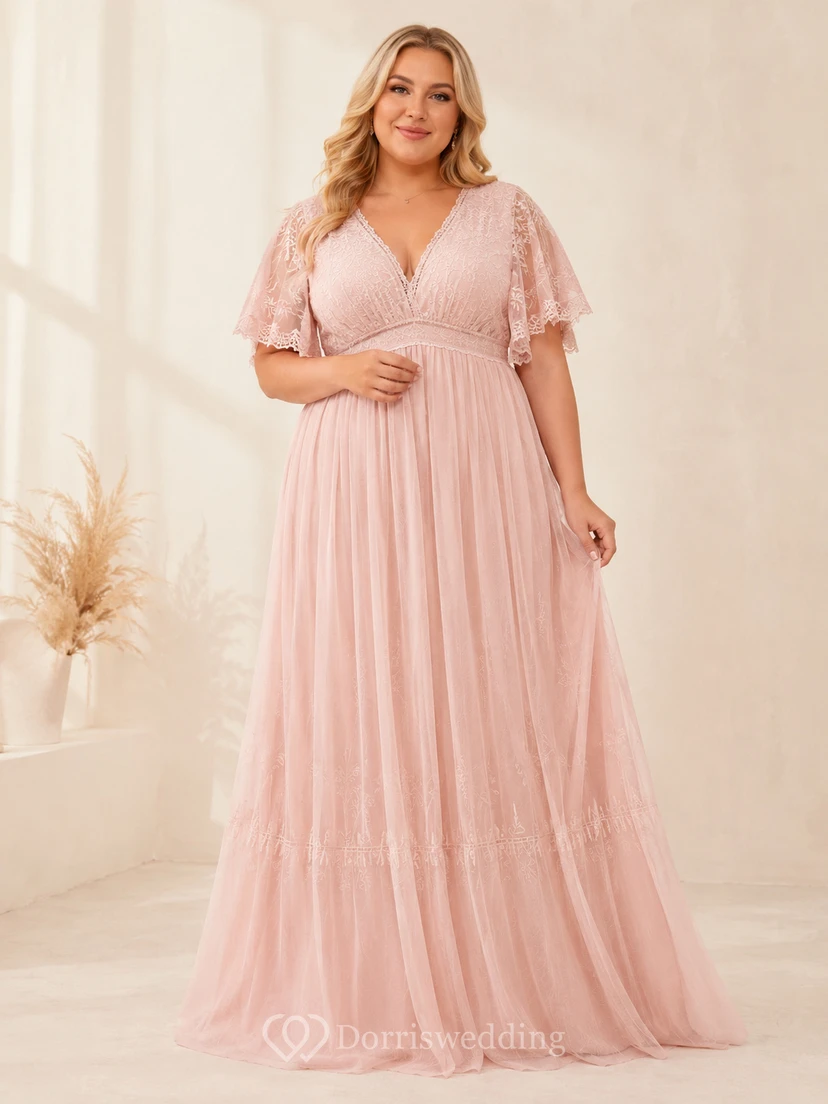 Blush Plus Size V-Neck Flutter Sleeve Empire Bridal Gown