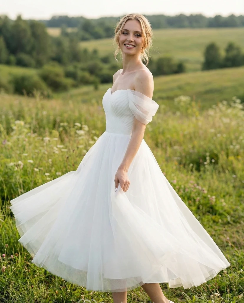 Vestido de novia de tul de largo midi con hombros descubiertos y escote corazón.