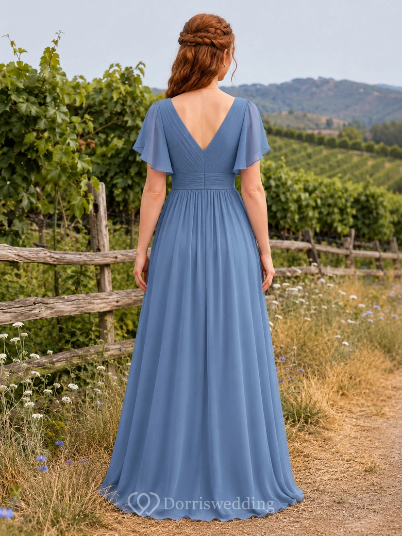Steel Blue Chiffon A-Line V-Neck Flutter Sleeve Pleated Low Back Floor-Length Bridesmaid Dress view 2