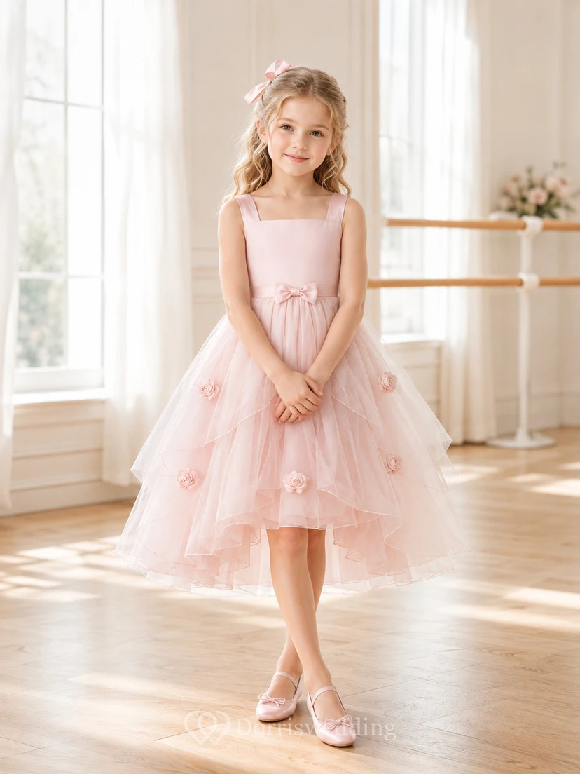 Pearl Pink Square Neck High-Low A-Line Flower Girl Dress with Satin Bow, Rosette Appliques and Layered Tulle