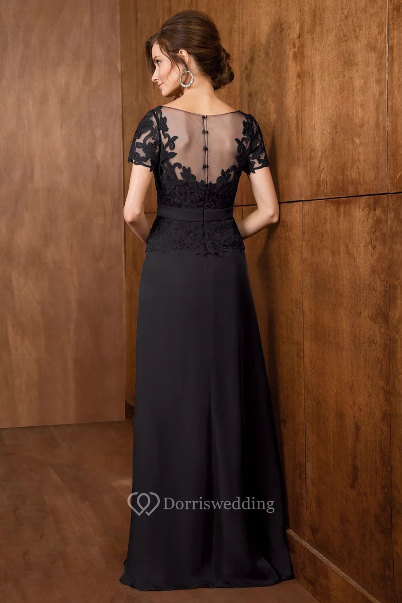 Short-Sleeved V-Neck A-Line Mother Of The Bride Dress With Peplum Style And Lace view 2