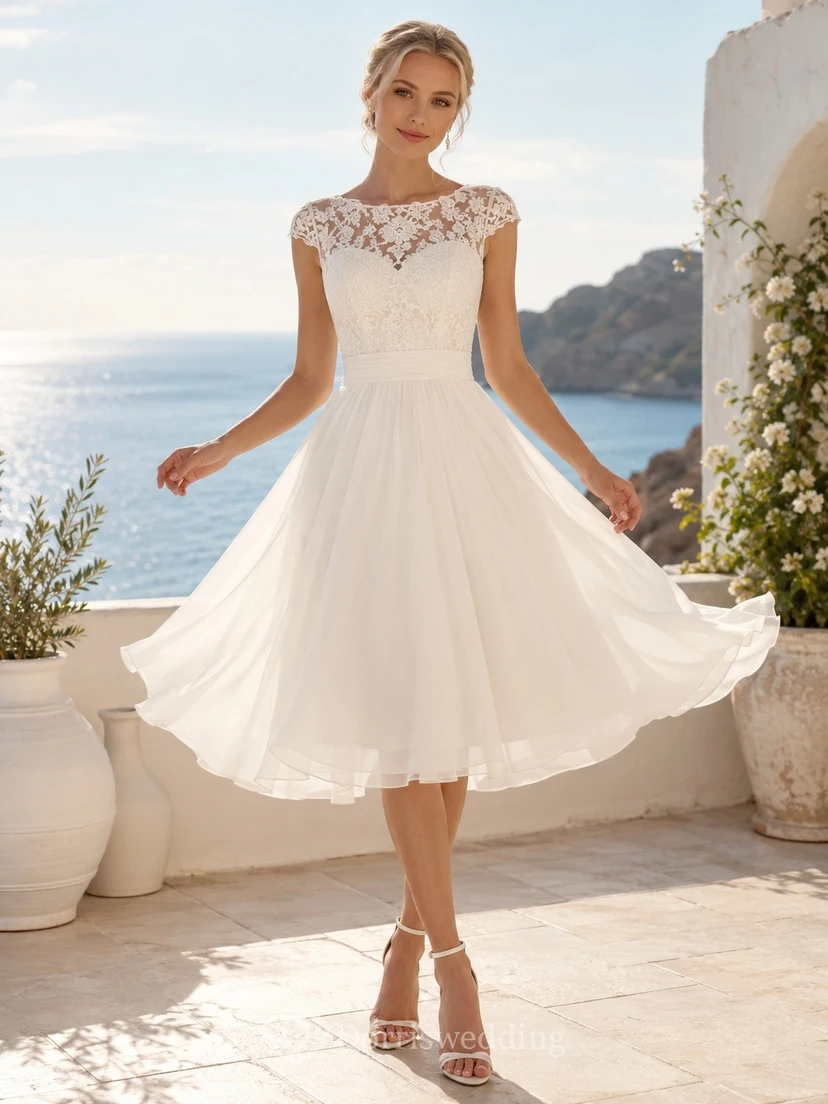 White Floral Lace Cap Sleeve Tea Length A Line Dress