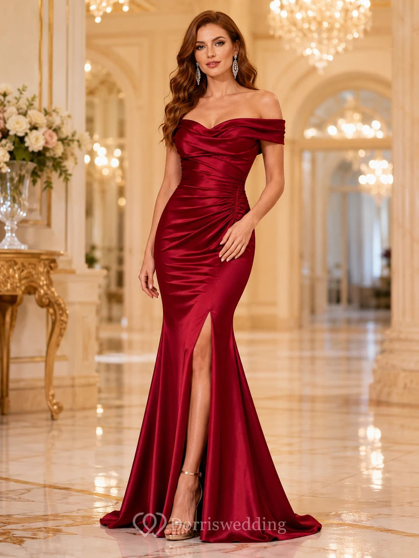 Vestido de noche formal de sirena con escote Bardot y satén rojo
