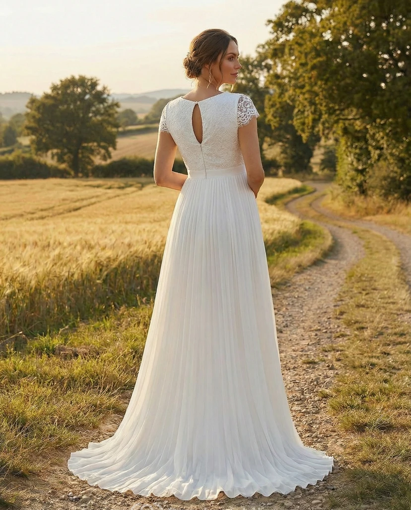 Robe de mariée de maternité en dentelle à manches courtes, corsage à col en V et jupe plissée en mousseline view 2
