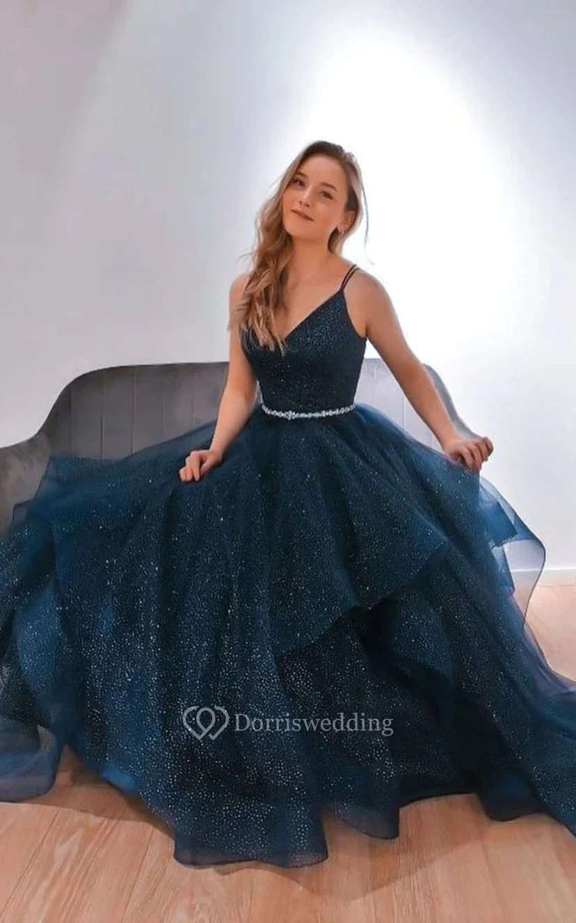 Spaghettiträger-Abendkleid in A-Linie aus Tüll und Pailletten mit Perlenbesatz an der Taille view 2