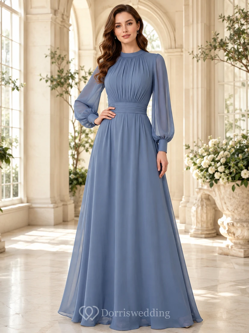 Steel Blue Modest Long Sleeve Chiffon A-Line Evening Dress
