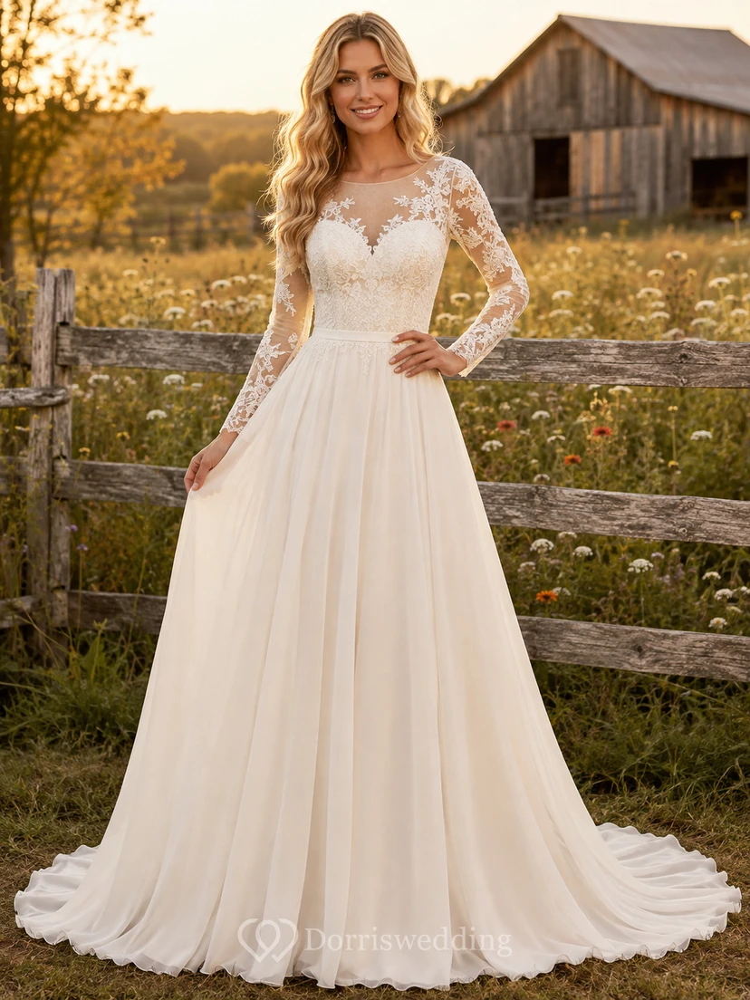 Vestido de novia de corte A con escote en V, mangas largas, encaje floral, botones, espalda en V profunda y cola de capilla.