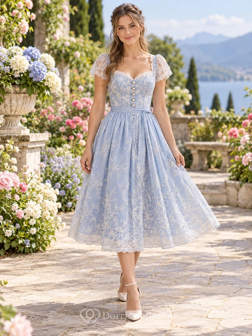 Vintage Sky Blue Sweetheart Lace Sleeve Button Dirndl Dress