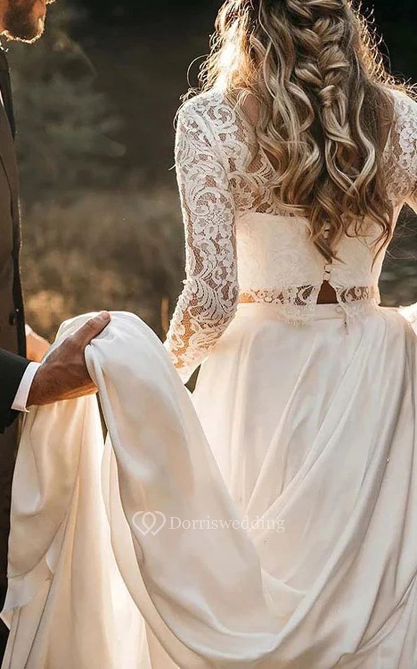 Lace Long Sleeve Scoop-neck Two Piece Chiffon Wedding Dress view 2