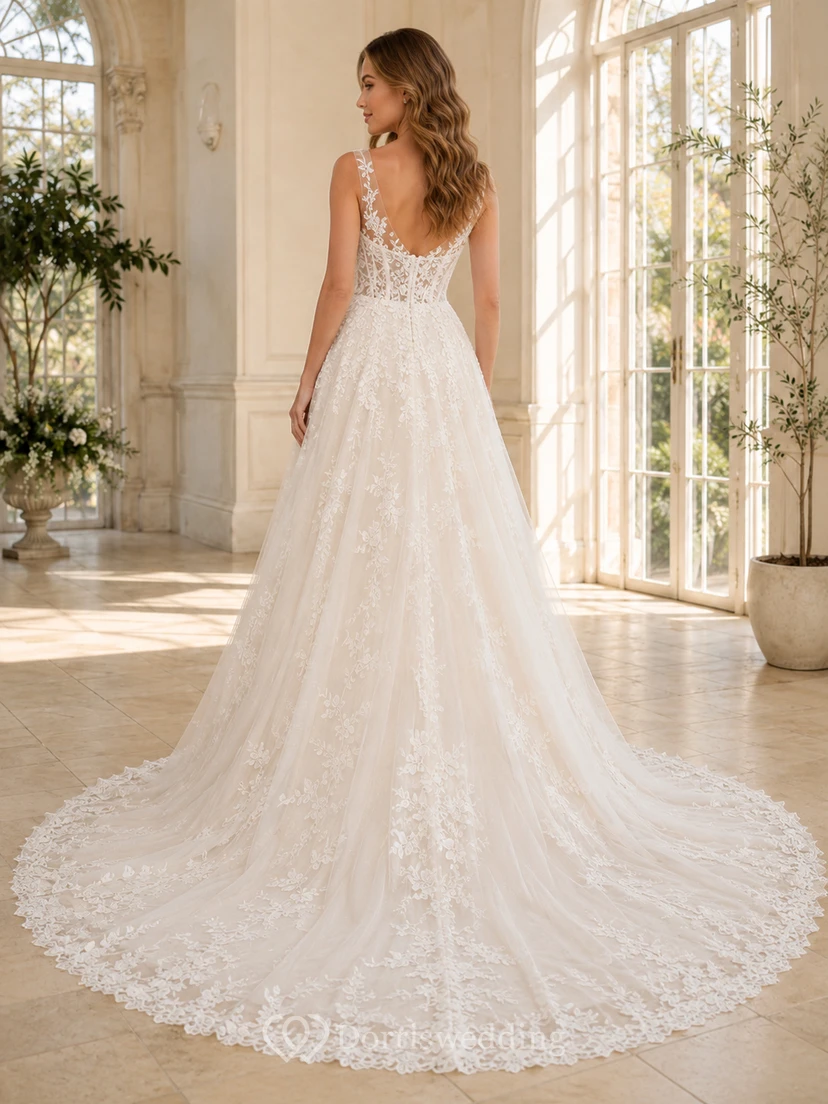 Robe de mariée romantique de luxe, coupe trapèze, en dentelle florale spaghetti et traîne cathédrale, style trapèze view 2