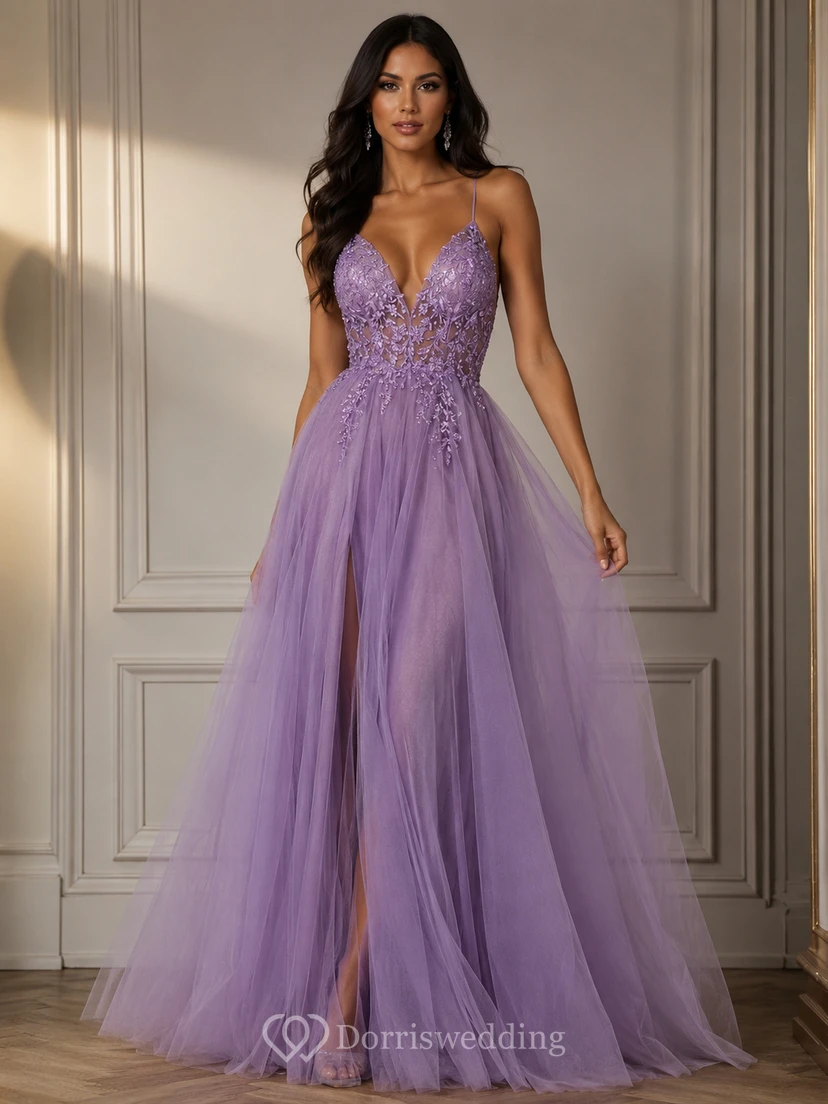 Casual Spaghetti Empire Tulle Pleated Prom Dress with Beaded Top view 7