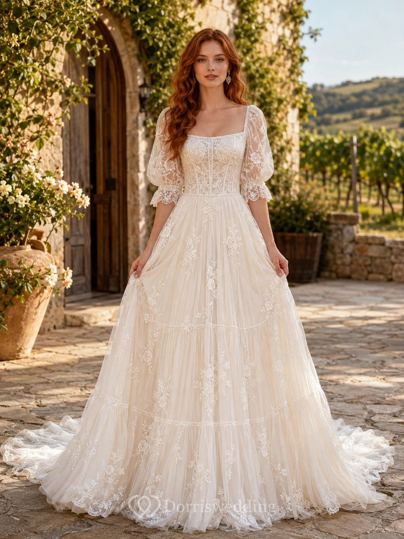 Vestido de novia bohemio de encaje y tul, corte en A, escote cuadrado, mangas abullonadas y cola larga.