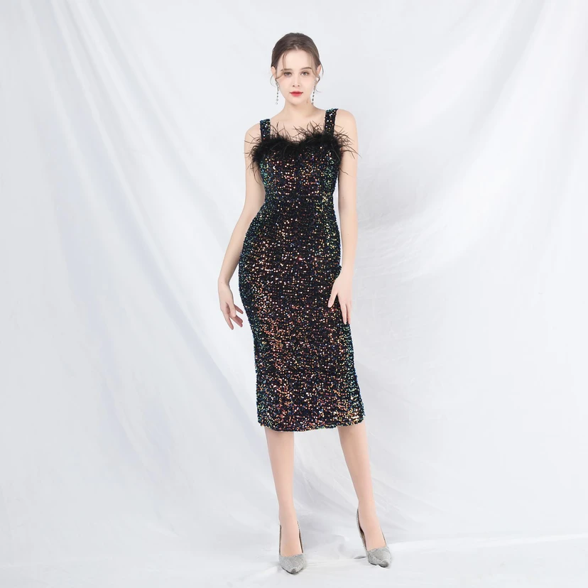 Craft Ostrich Feather Velvet Sequined Evening Dress view 47