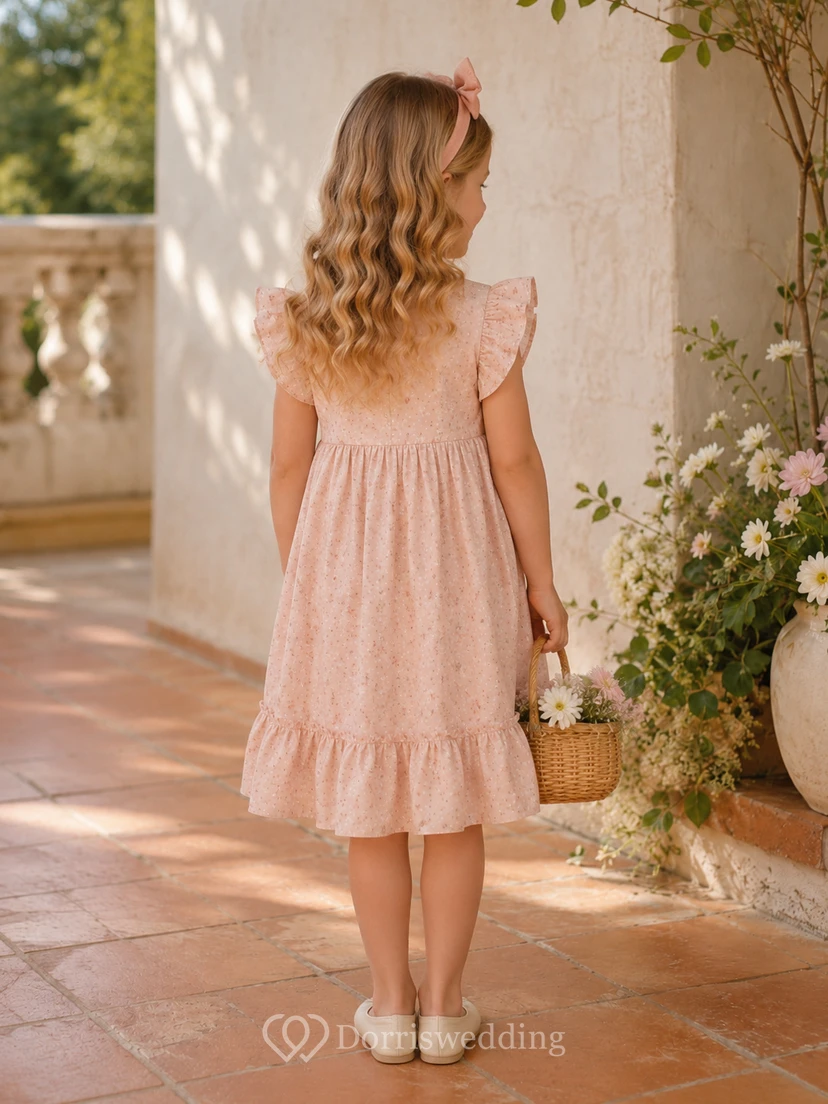 Vestido de niña de flores de gasa color rosa empolvado con corte en A, sin mangas, escote joya y falda hasta la rodilla con textura de volantes. view 2