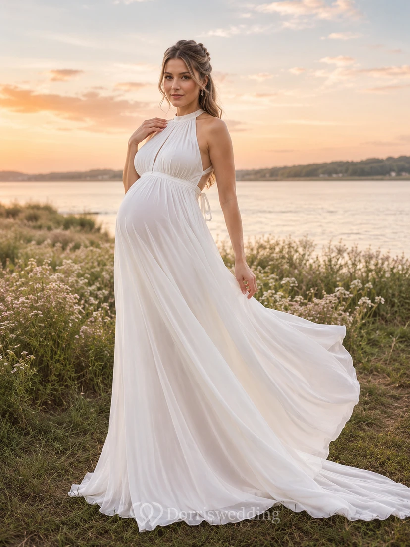 Umstandskleid mit Neckholder und offenem Rücken, schlichtes Brautkleid für eine Hochzeit am See