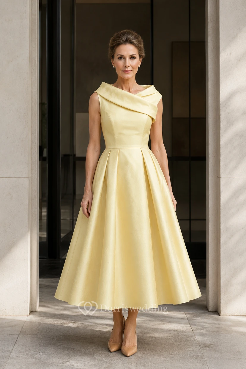MOB-Kleid, narzissengelb, Satin, A-Linie, U-Boot-Ausschnitt, Teelänge, drapiert