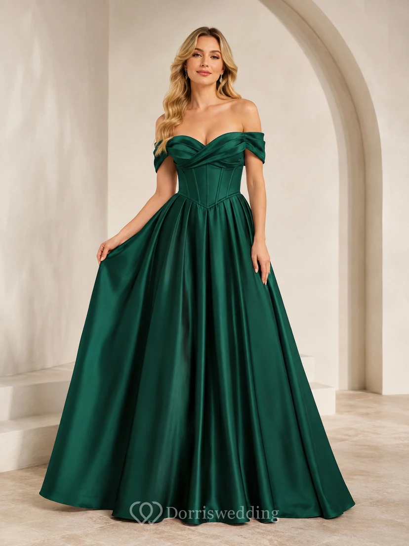 Vestido de gala largo hasta el suelo de satén verde esmeralda con hombros descubiertos y pliegues, ideal para quinceañeras o fiestas de graduación.
